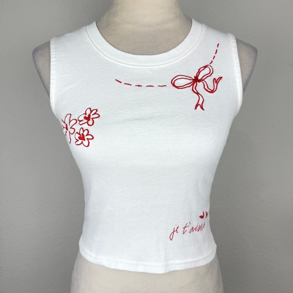 Ripple Junction Tops - Ripple Junction White Ribbed Embroidered Red Je T'aime Bow Tank Top Size XS